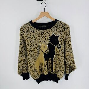 Vintage Horse Intarsia Sweater Equestrian Size L Novelty Maximalist Sequin Cozy